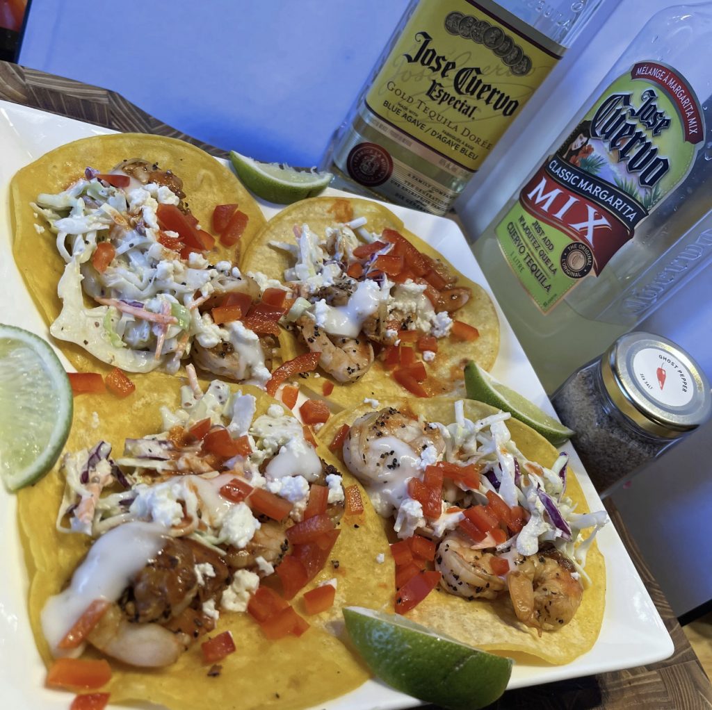 MelaRita Tequila Shrimp Tacos Recipe By Darkside of the Grill